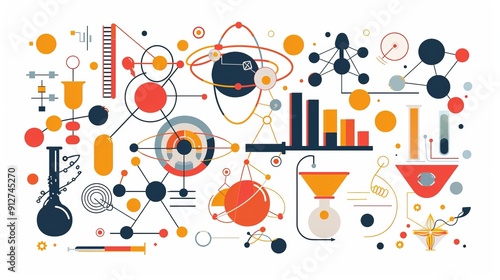 Colorful schematic of scientific elements and charts