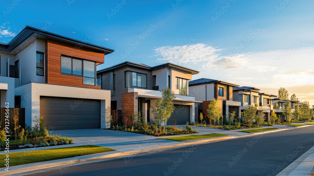Residential Street with Modern Suburban Houses Residential Street with Modern Suburban Houses