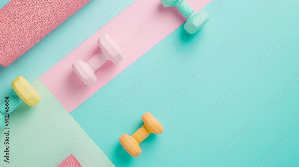 Vibrant pastel dumbbells are aesthetically spread across soft blue, pink, and green colored areas, suggesting a playful yet structured workout theme. Vibrant pastel dumbbells are aesthetically spread across soft blue, pink, and green colored areas, suggesting a playful yet structured workout theme.