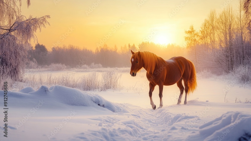 A Horse Walking Through a Snowy Field at Sunset A Horse Walking Through a Snowy Field at Sunset