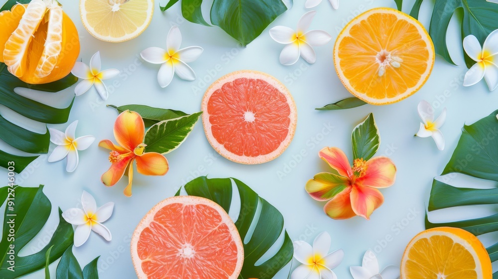 Fresh citrus slices and vibrant tropical flowers arranged on a pastel blue background, creating a lively and refreshing summer vibe. Fresh citrus slices and vibrant tropical flowers arranged on a pastel blue background, creating a lively and refreshing summer vibe.