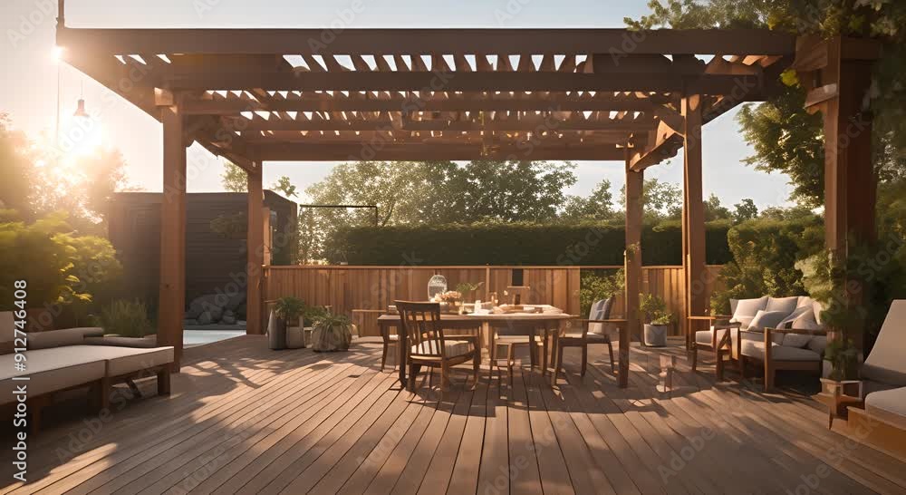 Back yard house exterior with spacious wooden deck with patio area and attached pergola 4k animation Back yard house exterior with spacious wooden deck with patio area and attached pergola 4k animation