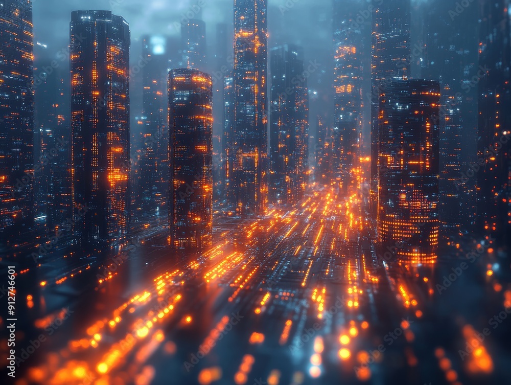Obraz premium Futuristic city, AI integration, smart technology, holographic interfaces