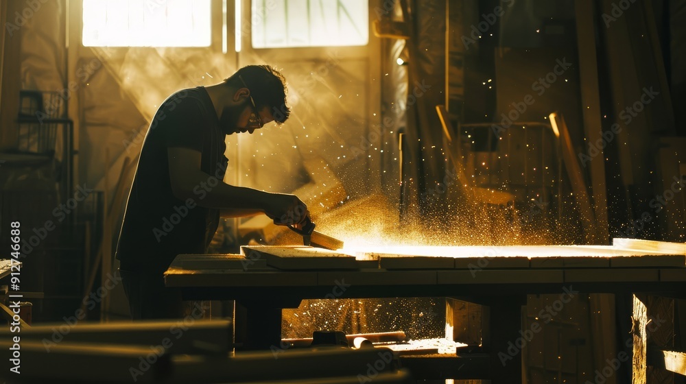 A craftsman works diligently in a workshop illuminated by warm, golden light, capturing the essence of dedication and the art of woodworking. A craftsman works diligently in a workshop illuminated by warm, golden light, capturing the essence of dedication and the art of woodworking.