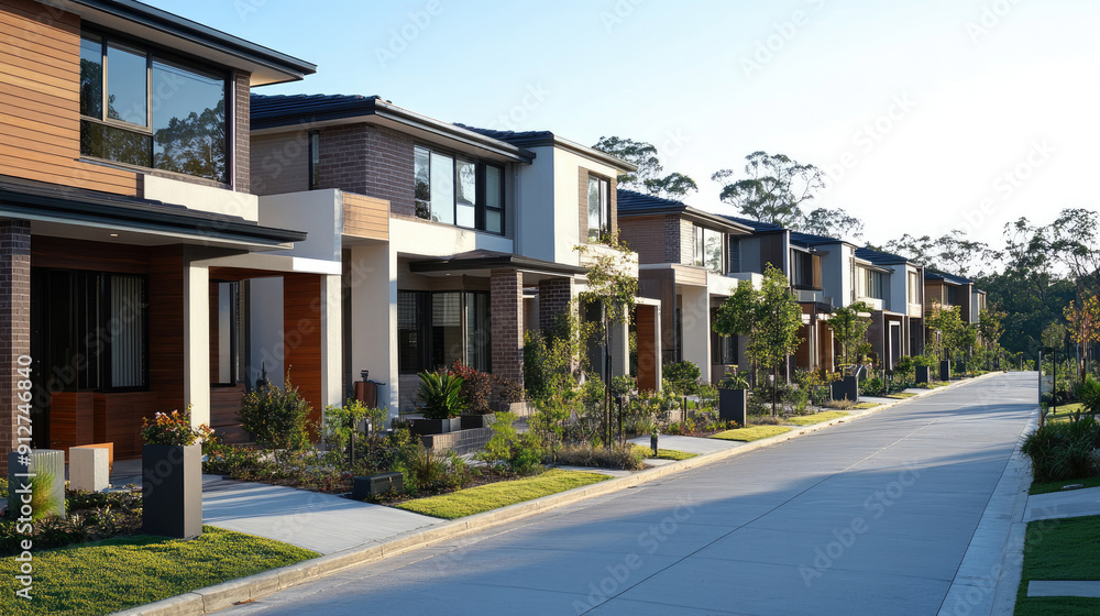 Residential Street with Modern Suburban Houses Residential Street with Modern Suburban Houses