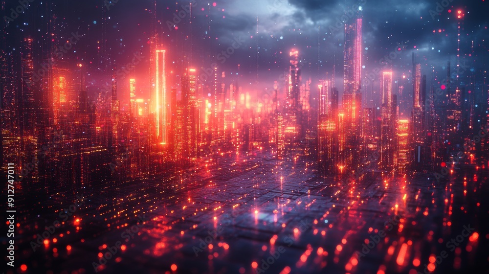 Futuristic urban landscape, AI integration, digital society, neon holograms Futuristic urban landscape, AI integration, digital society, neon holograms
