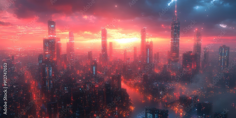 Obraz premium AI metropolis, digital innovation, futuristic architecture, holographic networks