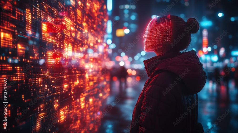 Obraz premium Futuristic urban landscape, AI integration, digital society, neon holograms