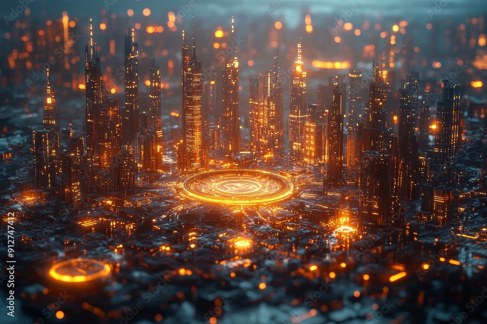Fototapeta premium Futuristic AI society, digital metropolis, innovative technology, holographic interfaces