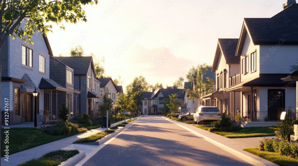Residential Street with Modern Suburban Houses Residential Street with Modern Suburban Houses