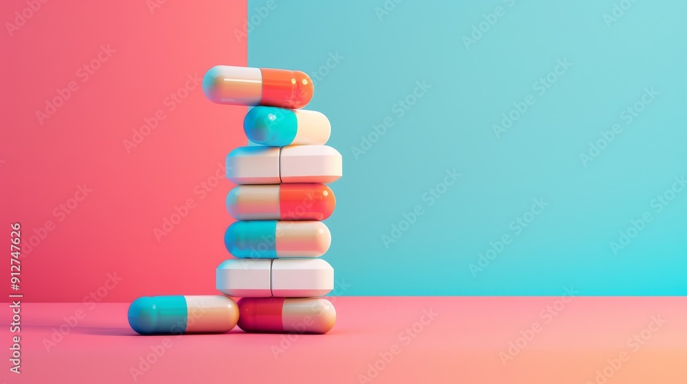 Pills and tablets stacked creatively against a split pastel pink and blue background, blending minimalism and healthcare themes. Pills and tablets stacked creatively against a split pastel pink and blue background, blending minimalism and healthcare themes.