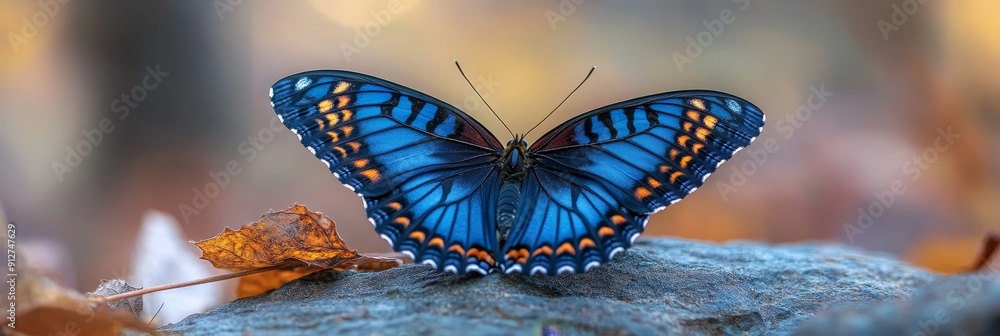 Vibrant Blue Butterfly on a Rock - A beautiful blue butterfly with ...