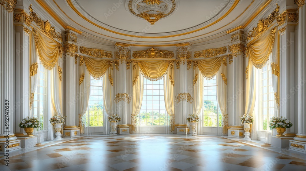 Fototapeta premium A Luxurious Room with Large Windows, White Walls, and Golden Accents