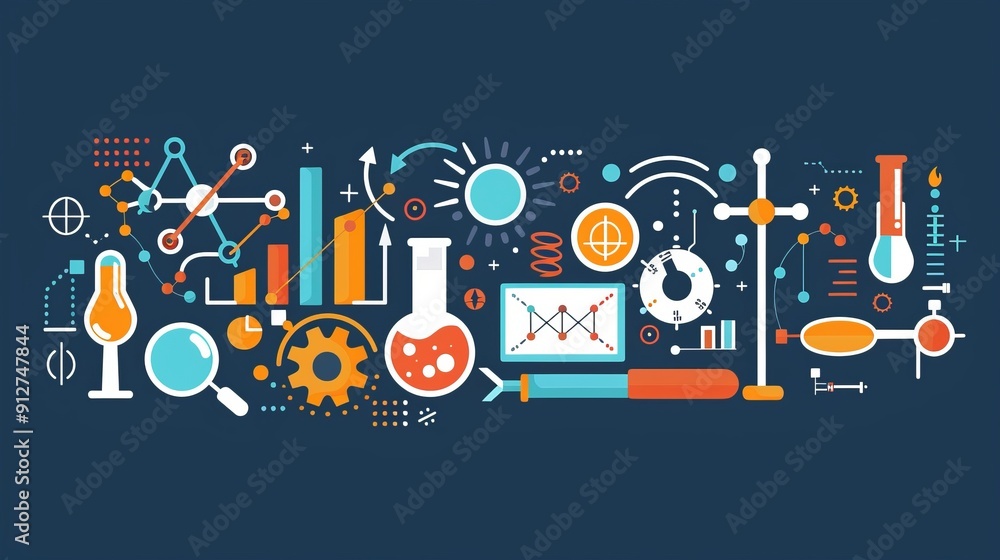 Scientific Tools and Graphs on Dark Background Illustration Scientific Tools and Graphs on Dark Background Illustration