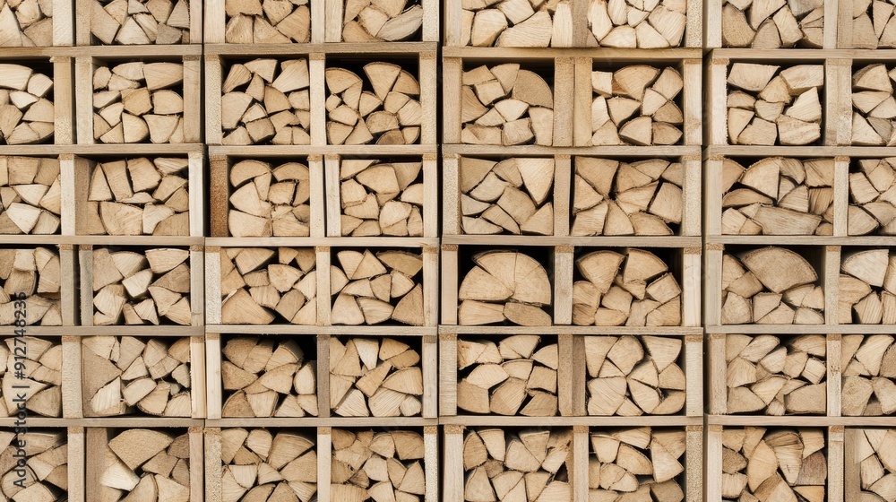 Stacks of firewood are organized on wooden pallets in a large indoor storage area, showcasing an efficient preparation for seasonal use Stacks of firewood are organized on wooden pallets in a large indoor storage area, showcasing an efficient preparation for seasonal use