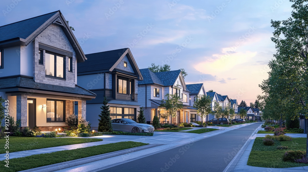 Residential Street with Modern Suburban Houses Residential Street with Modern Suburban Houses