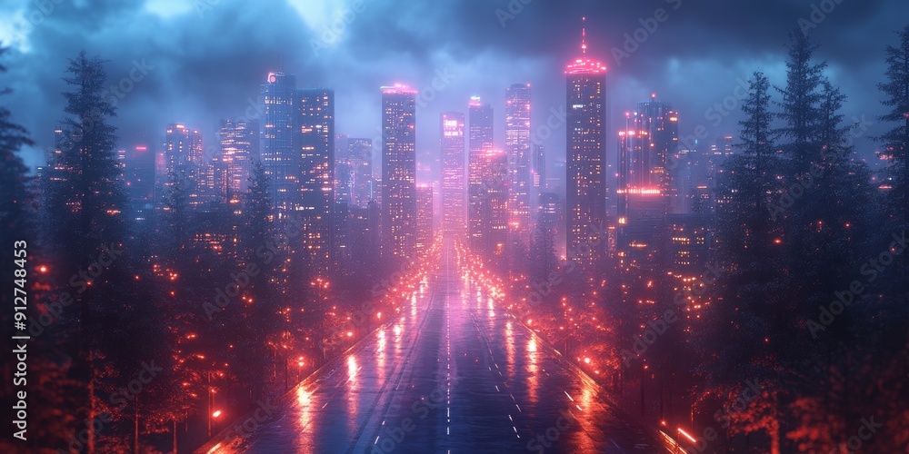 Obraz premium Futuristic AI metropolis, digital networks, advanced technology, holographic interfaces