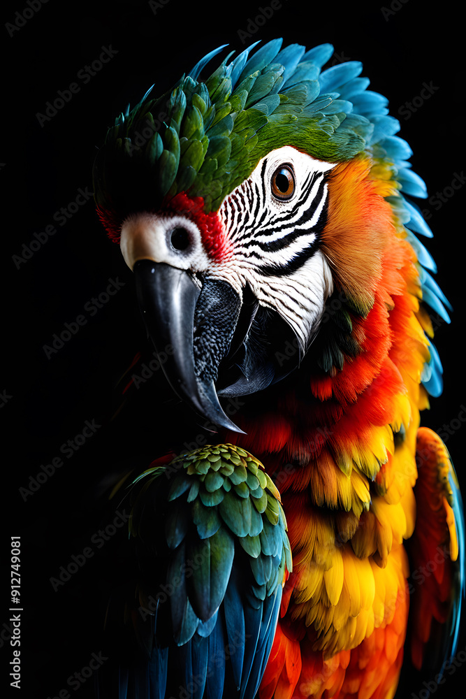 A colorful parrot with a black beak and red eyes A colorful parrot with a black beak and red eyes