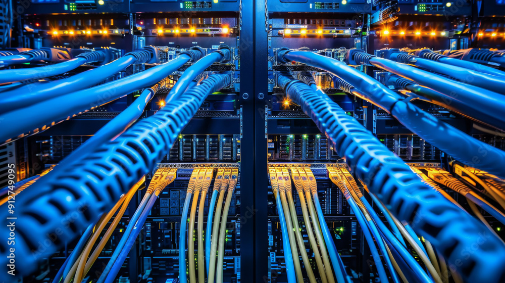 A detailed view of a server room filled with blue network cables connected to various equipment, highlighting data infrastructure. A detailed view of a server room filled with blue network cables connected to various equipment, highlighting data infrastructure.