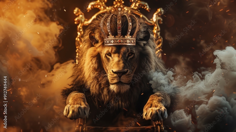 A powerful lion, donning a crown, sits amid swirling smoke and flames, epitomizing raw strength, royal majesty, and fierce dominance. A powerful lion, donning a crown, sits amid swirling smoke and flames, epitomizing raw strength, royal majesty, and fierce dominance.