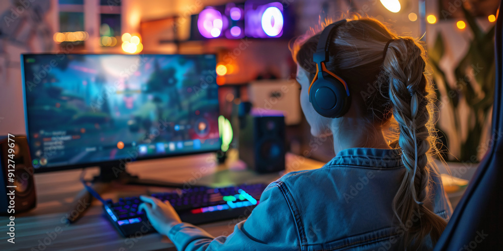 A gamer with a headset plays video games on his computer in a room filled with gaming monitors. A gamer with a headset plays video games on his computer in a room filled with gaming monitors.