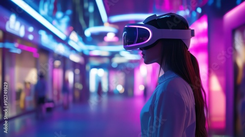 Woman Exploring the Metaverse in a Neon-Lit Cityscape - A young woman wearing a VR headset stands in a futuristic cityscape, illuminated by neon lights. She is exploring the metaverse, representing vi