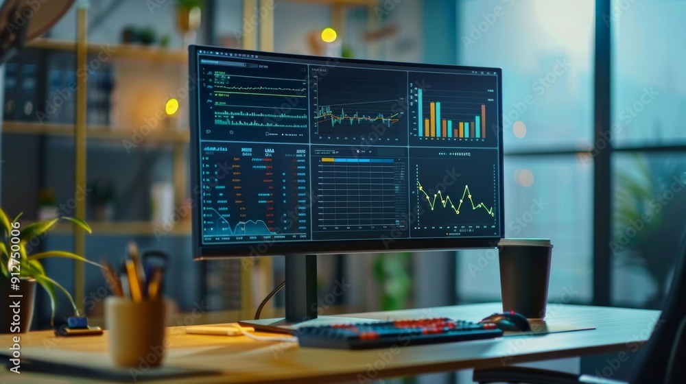 A computer monitor displaying various data charts and graphs, set on a wooden desk in a modern office space. A computer monitor displaying various data charts and graphs, set on a wooden desk in a modern office space.