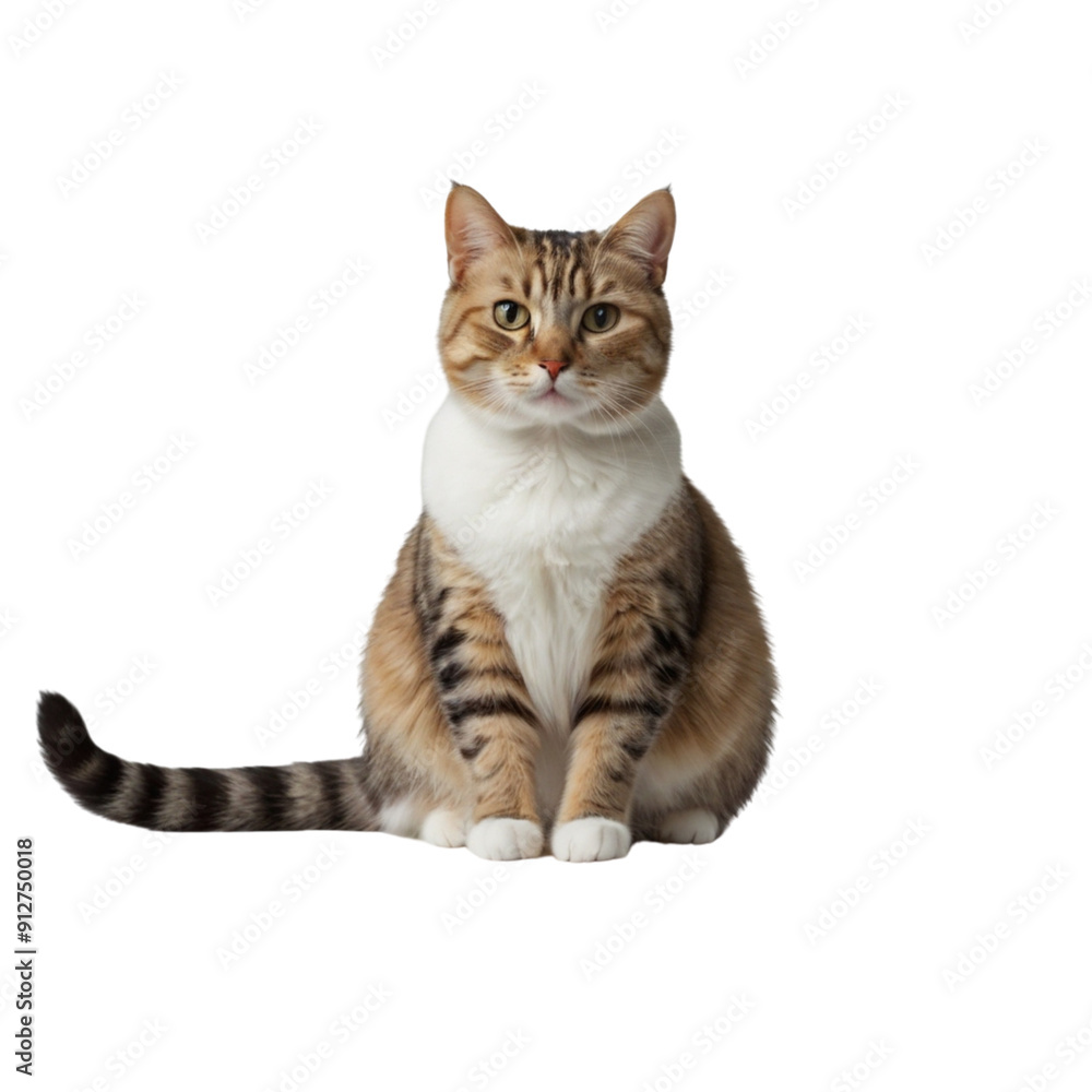 A cat with a white belly and black stripes sits on a white background. The cat has a curious expression on its face A cat with a white belly and black stripes sits on a white background. The cat has a curious expression on its face