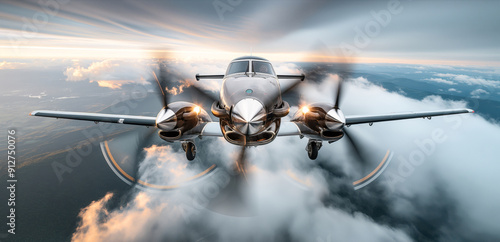 Front view of a twin-engine propeller airplane flying at high altitude above the clouds during sunset, with blurred motion from spinning propellers.
