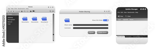 Set of digital system windows in blue color. Modern explorer on computer. Files sharing program.