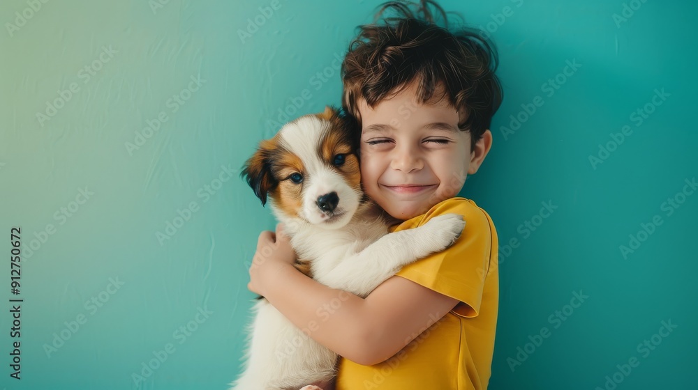 A joyful child in a yellow shirt embraces a fluffy puppy against a vibrant blue background, both smiling radiantly. A joyful child in a yellow shirt embraces a fluffy puppy against a vibrant blue background, both smiling radiantly.