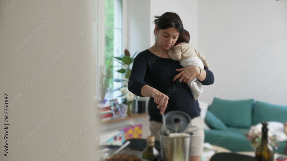 Mother holding newborn baby while serving food, balancing mealtime tasks and infant care, showing love and multitasking, capturing daily life of parenthood, nurturing and caring moment Mother holding newborn baby while serving food, balancing mealtime tasks and infant care, showing love and multitasking, capturing daily life of parenthood, nurturing and caring moment
