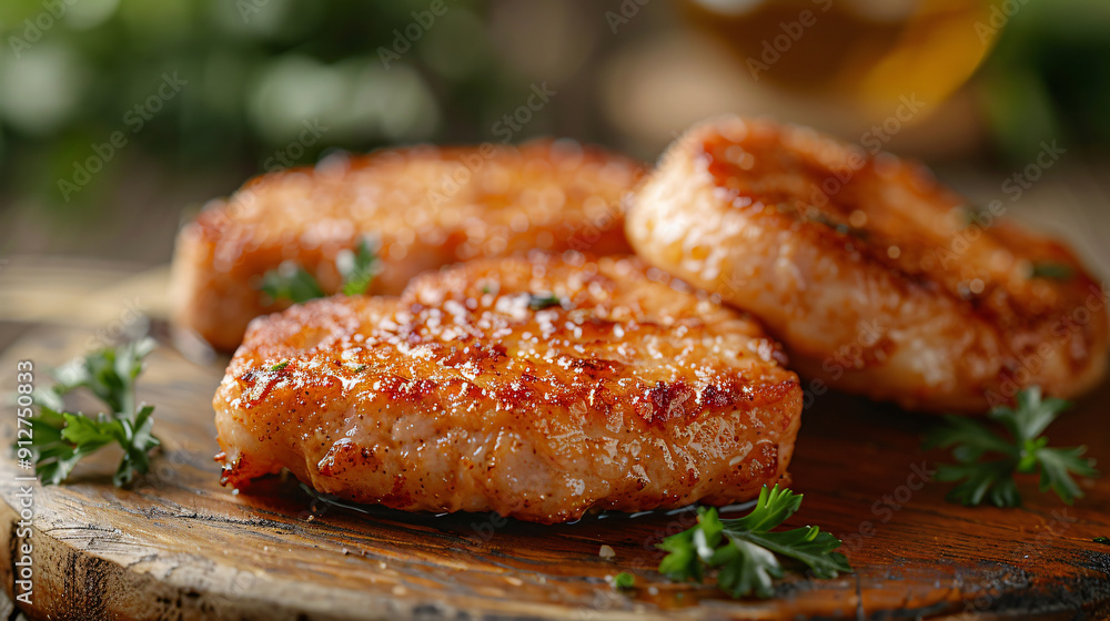 Close-up of grilled chicken fillets garnished with parsley on a wooden board. Culinary presentation with focus on texture and seasoning. Design for poster, banner, recipe, and print. Close-up of grilled chicken fillets garnished with parsley on a wooden board. Culinary presentation with focus on texture and seasoning. Design for poster, banner, recipe, and print.