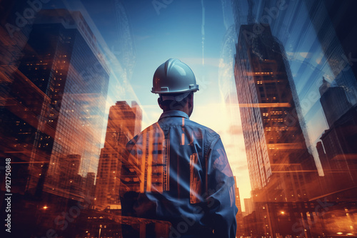 Construction engineer wearing a hard hat standing in front of a city skyline at sunset with reflections of buildings. Concept of urban development and architecture.