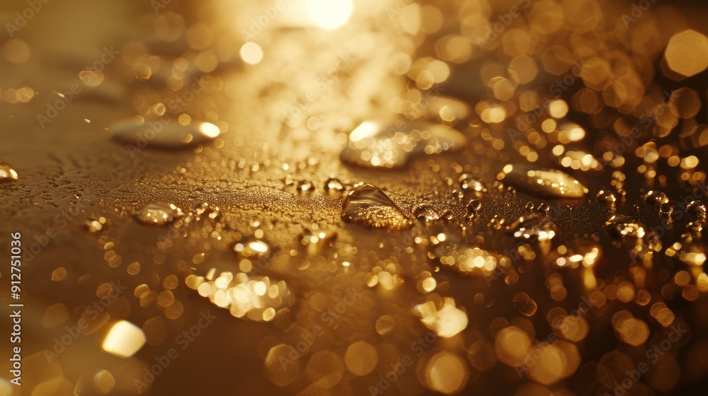 In an enchanting play of light, golden droplets scatter across a surface, creating a sparkling display of luminescence and natural beauty.