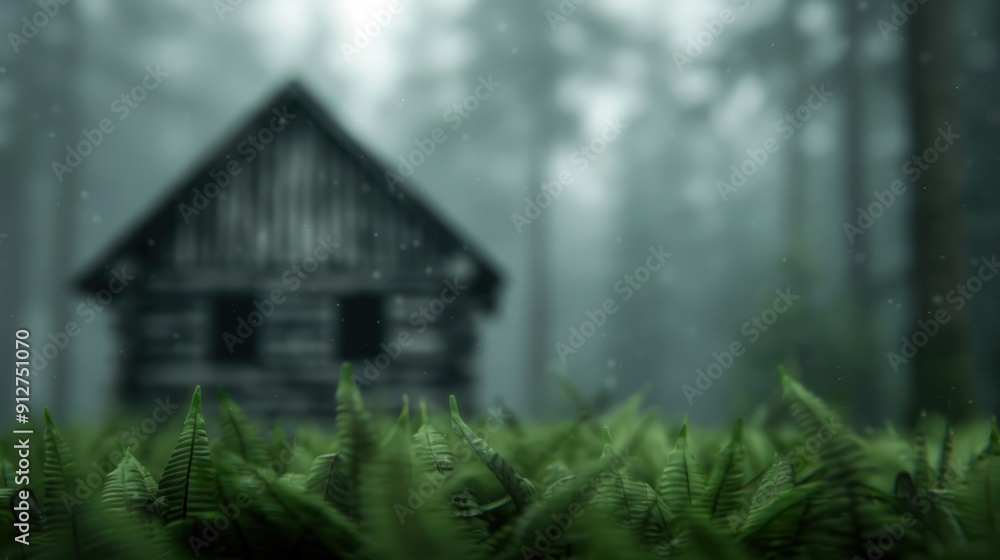 An old, abandoned cabin in the middle of the haunted forest, with ghostly figures peeking through broken windows An old, abandoned cabin in the middle of the haunted forest, with ghostly figures peeking through broken windows