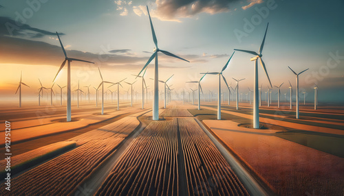 A wind farm with numerous turbines stands in a field of crops. photo