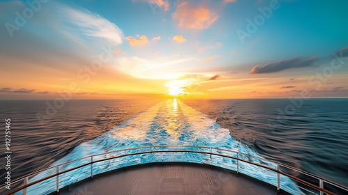 Ship sailing into horizon with beautiful sunset view