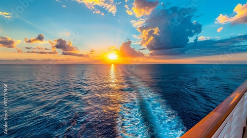 Back view of ship with sunset and ocean waves behind