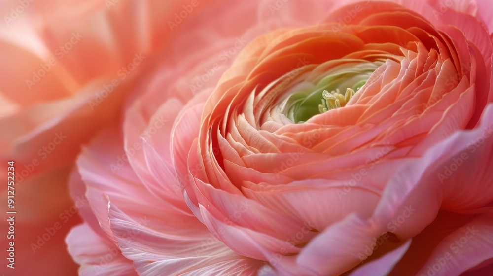 Create a stunning macro image of a pink ranunculus flower, focusing on the intricate details and textures of the delicate petals. The close-up shot should highlight the flower's natural beauty and vib Create a stunning macro image of a pink ranunculus flower, focusing on the intricate details and textures of the delicate petals. The close-up shot should highlight the flower's natural beauty and vib