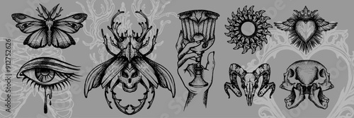 Gothic tattoo set, vector dark esoteric symbol, hand drawn black butterfly mystic sketch, glass, cup. Grunge witch music cover print, skull bones, heart, t-shirt fantasy element. Gothic tattoo poster