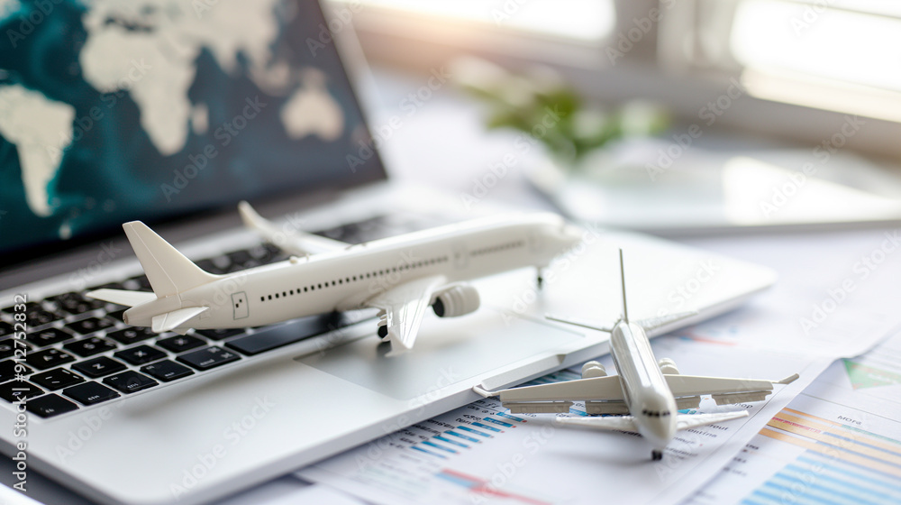White model of airplane and persons on laptop keyboard Introduction to global aviation related things can be done online at hand ticket booking flight schedule tracking shipping. Copy space image White model of airplane and persons on laptop keyboard Introduction to global aviation related things can be done online at hand ticket booking flight schedule tracking shipping. Copy space image