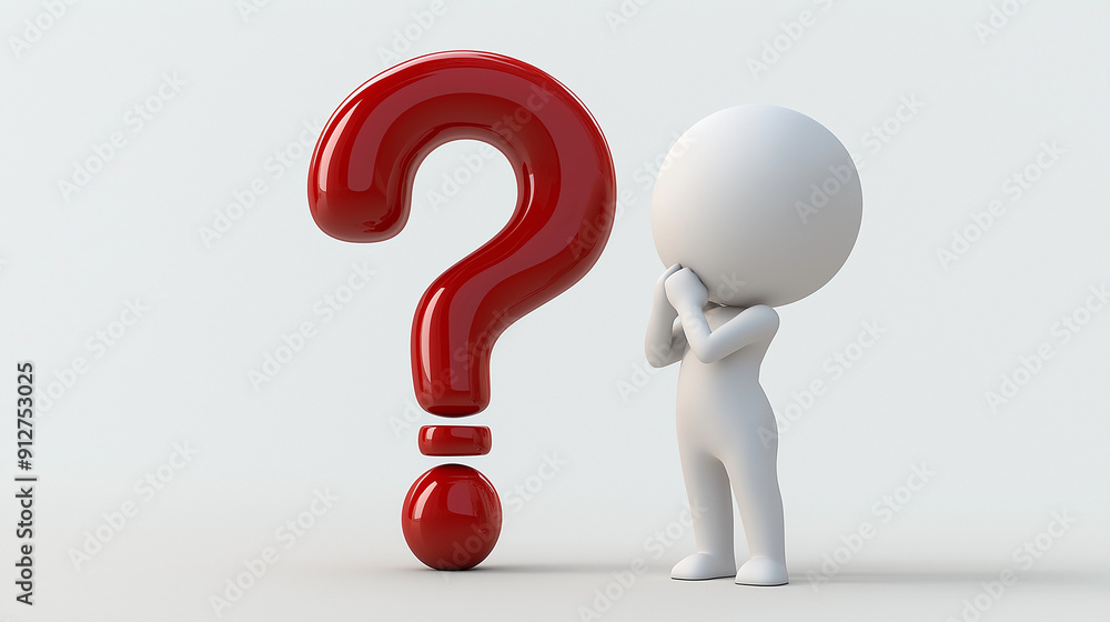 A 3D animated character, which appears to be a humanoid figure, standing next to a large red question mark. The character is white, with a rounded head, two arms, and two legs
A 3D animated character, which appears to be a humanoid figure, standing next to a large red question mark. The character is white, with a rounded head, two arms, and two legs