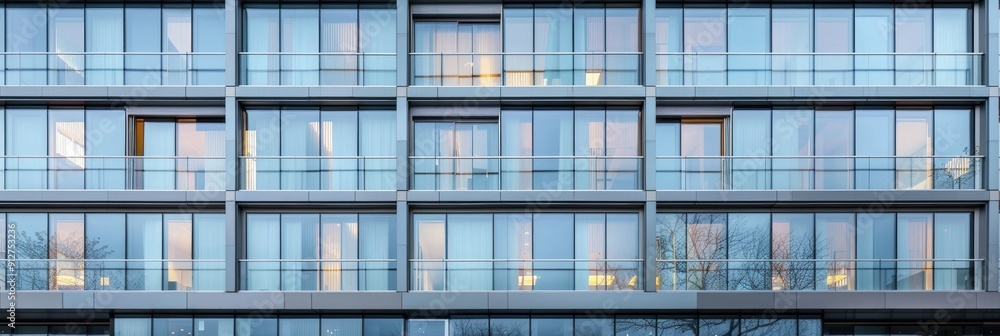 Modern office building exterior featuring numerous glass windows Modern office building exterior featuring numerous glass windows