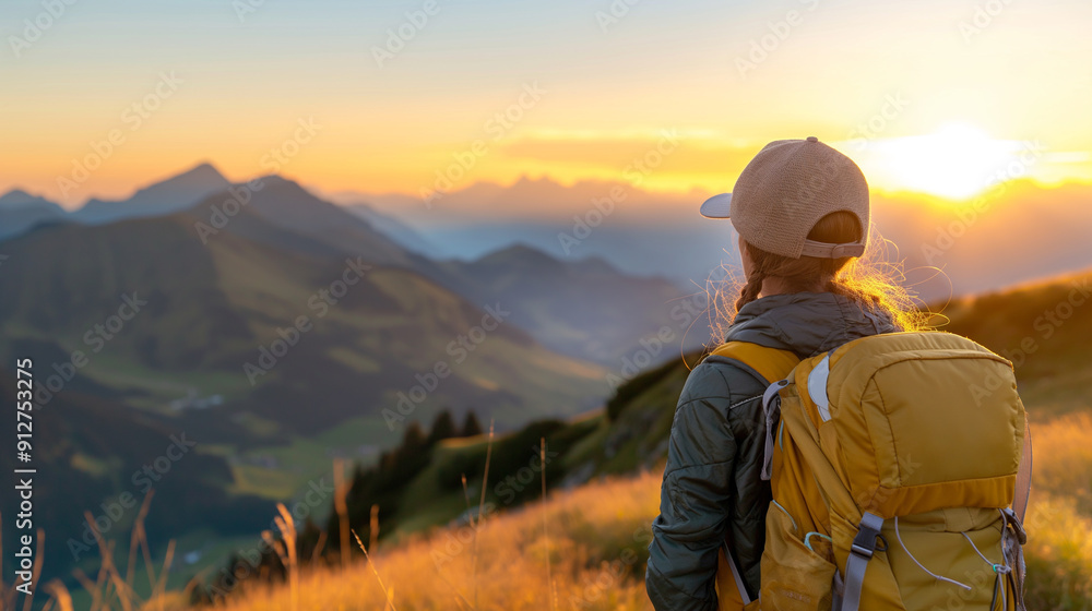 Woman hiker in the mountains at golden hour Woman hiker in the mountains at golden hour