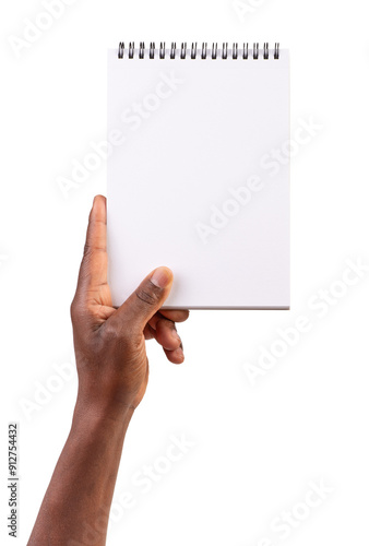 Man holding blank notebook isolated on white background 