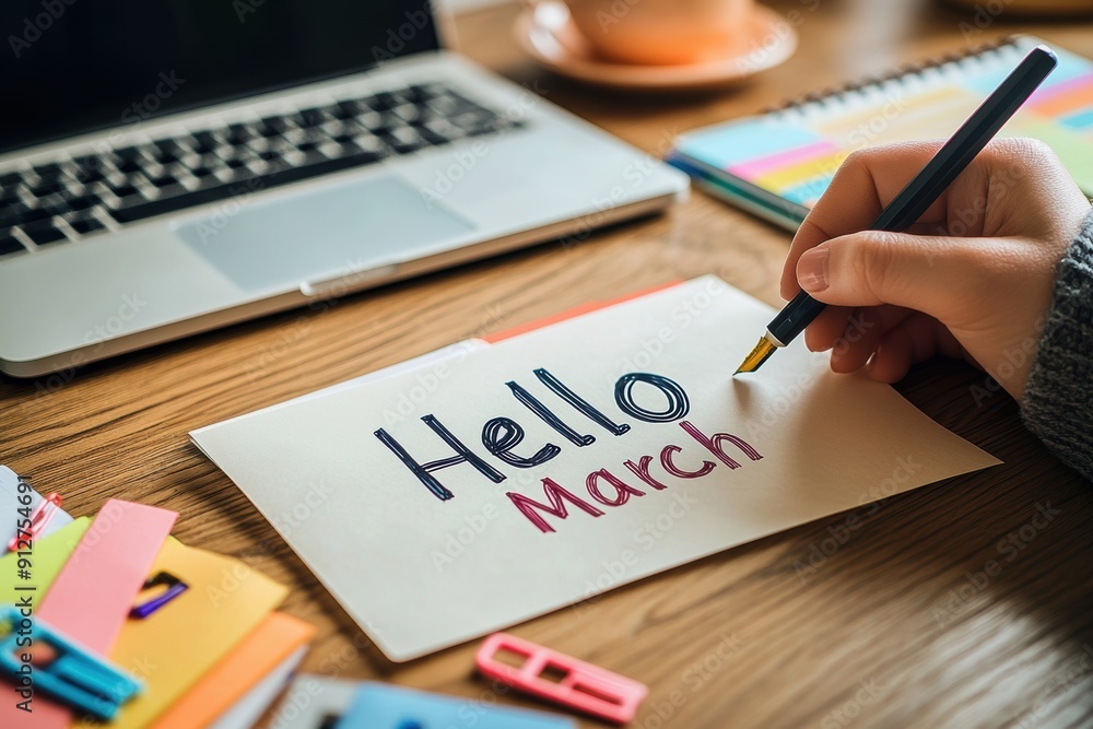 Designer writing hello march on a white card on a desk Designer writing hello march on a white card on a desk