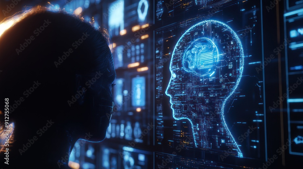 Digital Mind Interface: A Woman Looks at a Digital Representation of a Human Brain Digital Mind Interface: A Woman Looks at a Digital Representation of a Human Brain