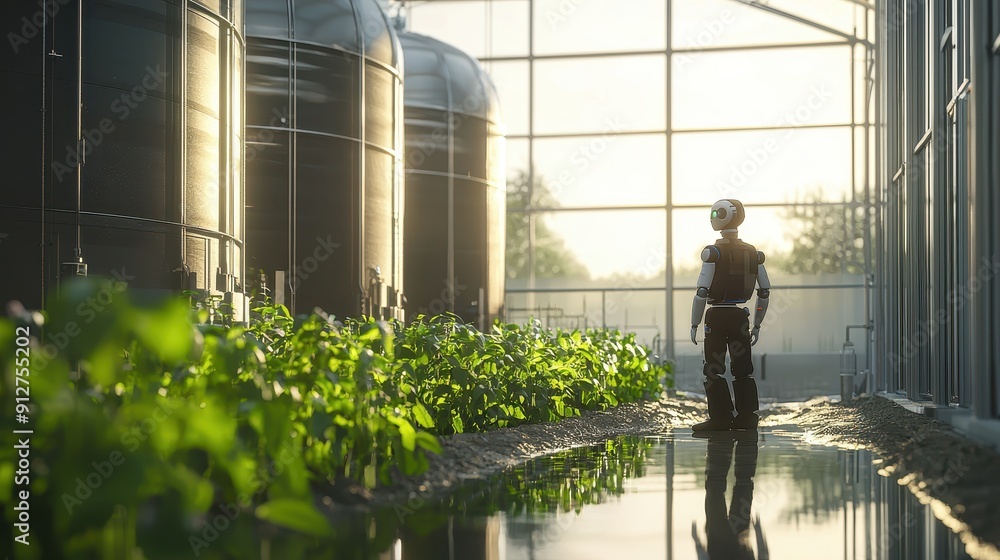 Humanoid Robot Overseer, A robotic farmer managing a biogas facility, optimizing agricultural energy solutions in an open, unoccupied environment, promoting sustainability and innovation Humanoid Robot Overseer, A robotic farmer managing a biogas facility, optimizing agricultural energy solutions in an open, unoccupied environment, promoting sustainability and innovation