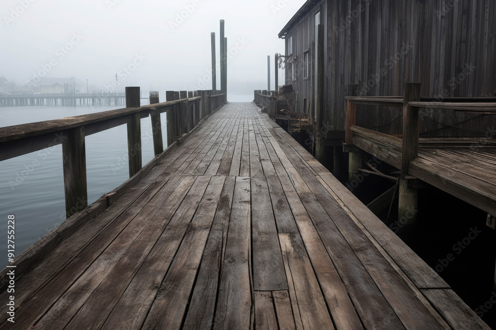 Obraz premium Weathered Wooden Dock Extending into the Misty Waters, Creating a Nostalgic Atmosphere in a Foggy Morning